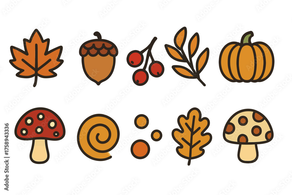 Fototapeta premium Autumn icons collection: leaves, acorn, berries, pumpkin, mushrooms, swirl