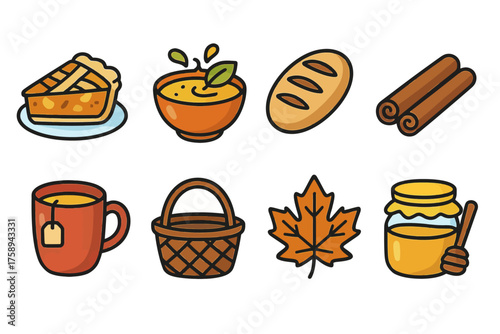 Cozy autumn icons: pie, soup, bread, cinnamon, tea, basket, leaf, honey jar illustration