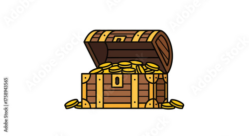 Open Wooden Treasure Chest Overflowing with Gold Coins.