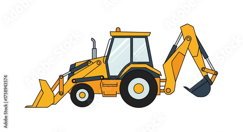 Yellow Backhoe Loader Construction Vehicle with Front Loader and Rear Excavator Arm.