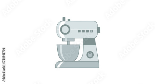 A simple grey vector illustration of a modern electric kitchen stand mixer with a bowl.