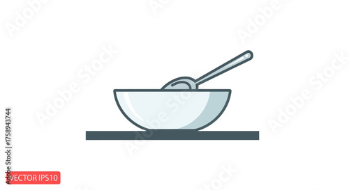 Simple cartoon illustration of a white bowl with a spoon on a dark surface.