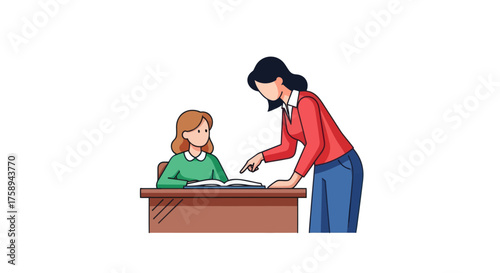 Teacher guiding a young student at a wooden desk with an open book.