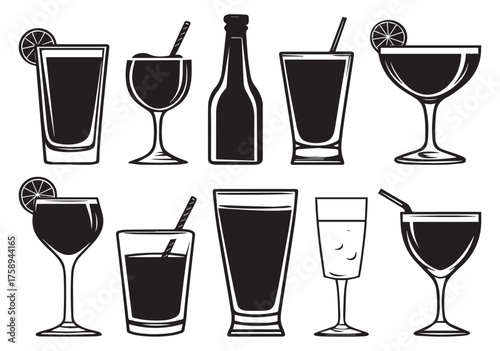 Party Drink Icons. Solid, filled icon set of party drinks cocktail glass, beer keg, punch bowl, shot glass, wine bottle, margarita glass