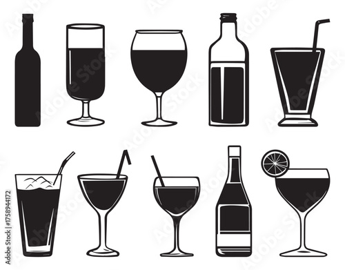 Party Drink Icons. Solid, filled icon set of party drinks cocktail glass, beer keg, punch bowl, shot glass, wine bottle, margarita glass