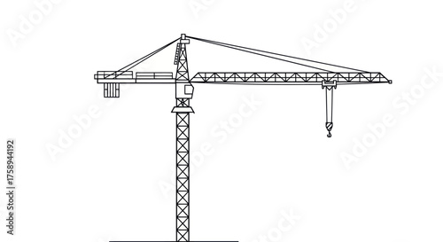 Detailed Black and White Line Drawing of a Tall Tower Crane.