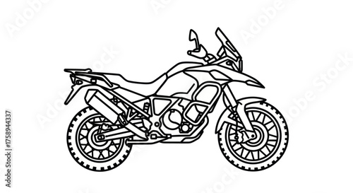 Detailed Outline Drawing of an Adventure Motorcycle.