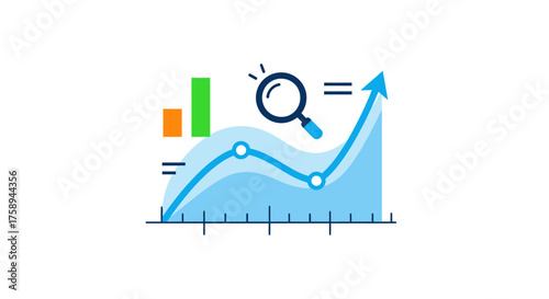 Upward Trend Graph with Magnifying Glass and Bar Chart.