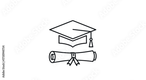Simple Line Art Graduation Cap and Diploma Scroll Icon.