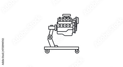 Detailed Line Art Illustration of a Car Engine on a Rolling Stand.