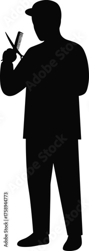 Barber holding scissors and comb silhouette cartoon illustration, symbolic grooming and expressive gesture artwork for lifestyle and care design