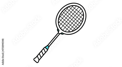 Simple line art illustration of a badminton racket with a mesh head and grip.