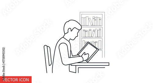 Person reading a book at a desk with bookshelves in the background.