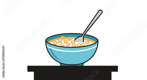 A blue bowl filled with cereal and milk with a spoon resting inside.