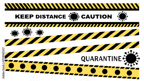 quarantine warning tape with caution stripes and virus symbol design isolated on white background.