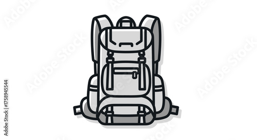 A detailed illustration of a grey hiking backpack with multiple compartments and straps.