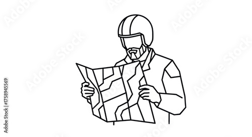 Bearded man in helmet studying a folded map with a detailed route.