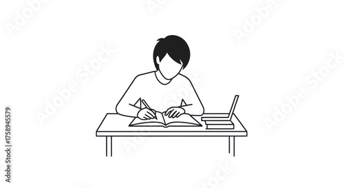 Minimalist Line Art Illustration of Person Studying at Desk with Book and Laptop.