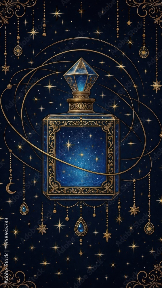 Fototapeta premium Mystical celestial perfume bottle illustration.