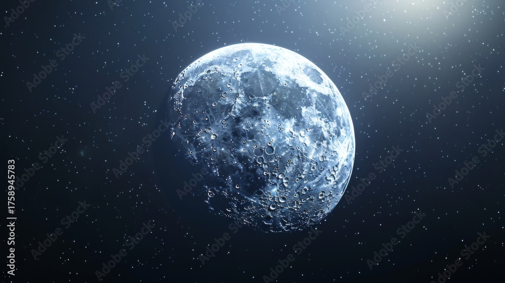 Fototapeta premium Close-up view of a celestial body, possibly a moon or planet, with a detailed surface showing craters and other geological formations. the body is