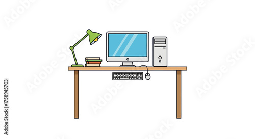 Computer workstation with monitor tower lamp books on a wooden desk.