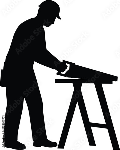 Construction worker sawing wood silhouette cartoon illustration, symbolic labor and expressive gesture artwork for lifestyle and repair design