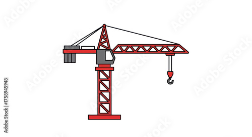 Red construction tower crane with hook and counterweights.