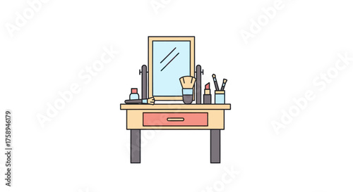 Cartoon Illustration of a Makeup Vanity Table with Mirror and Accessories.