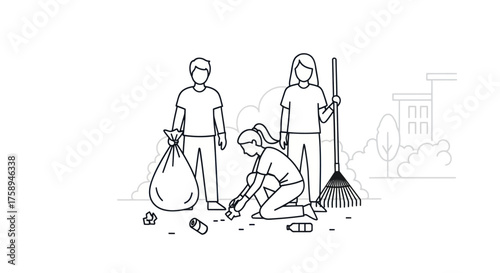 Line art illustration of people cleaning up litter community service.