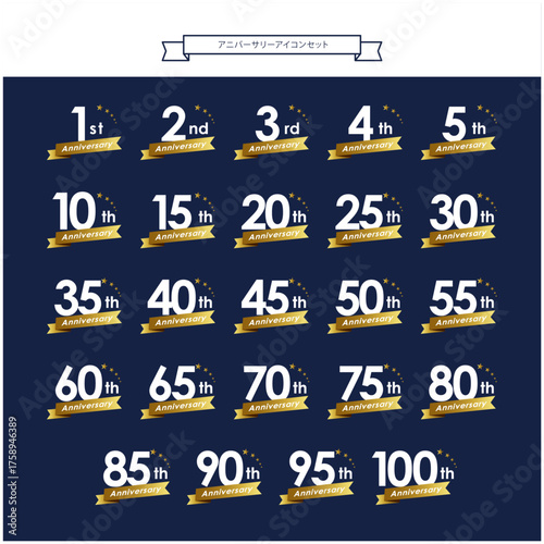 アイコンセットアニバーサリー（ネイビー×ゴールド）｜周年記念・記念日ロゴ・エンブレム素材