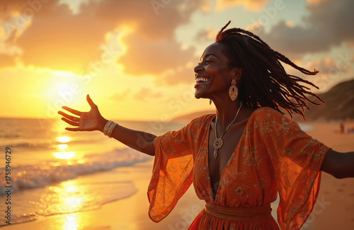 Happy senior black woman with dreadlocks dancing on beach at sunset. She wears orange dress and jewelry. Woman spreads arms, feels freedom and joy. Sunset on sea shore with waves and clouds.