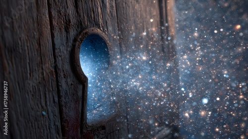 Keyhole in old wooden door with magical light shining through it