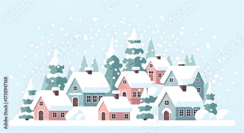 Charming Winter Village Scene with Snow-Covered Houses and Pine Trees Under Falling Snow