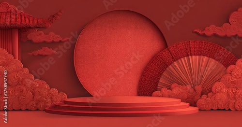 Decorative Red Background With Circular Designs and Traditional Fan Display in Cultural Setting