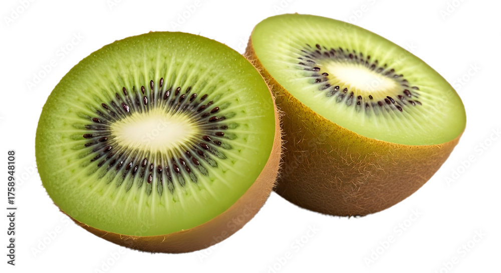 Fototapeta premium Two halves of kiwi fruit isolated on transparent background, a healthy food
