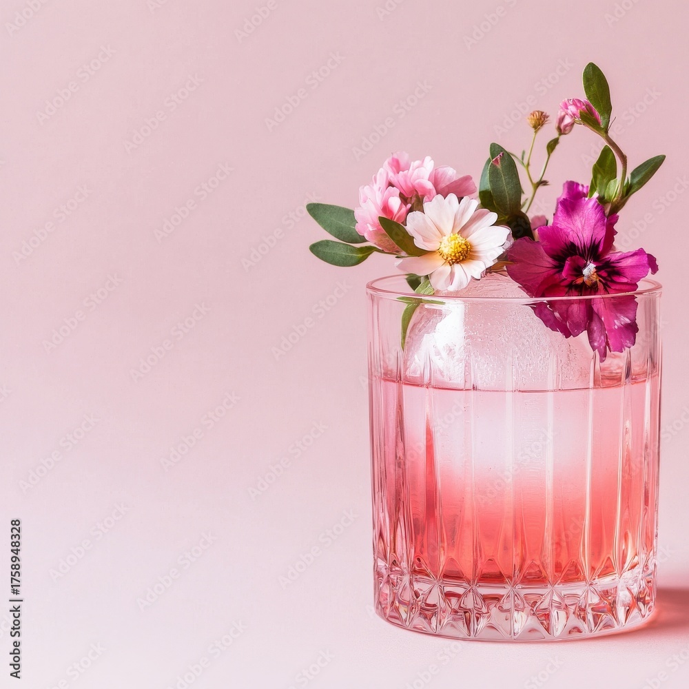 Obraz premium Floral Elixir Pink Drink with Flower Garnish on Pink Background, cocktail, beverage
