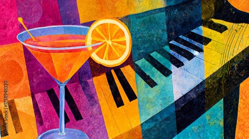 Vibrant pop art collage featuring a classic cocktail with an orange garnish against a colorful piano backdrop. Evokes a jazzy nightlife atmosphere, perfect for mixology art, event posters,