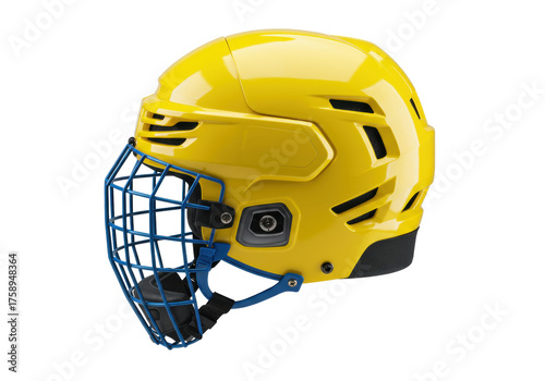 Canvas Print Yellow ice hockey helmet with blue cage isolated PNG, protective gear for ice ho