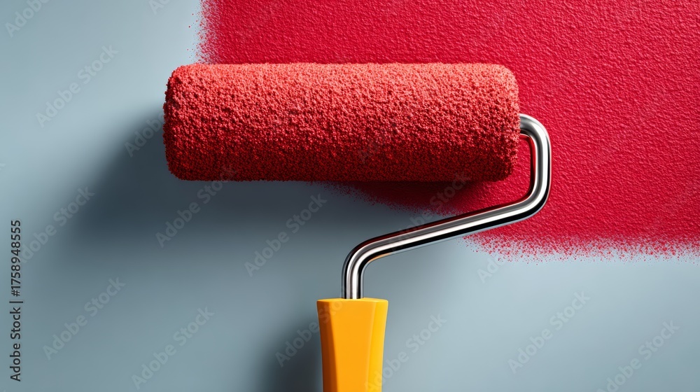 Obraz premium A red paint roller with a yellow handle is being used to paint a wall. Concept of creativity and transformation, as the roller is being used to change the appearance of the wall
