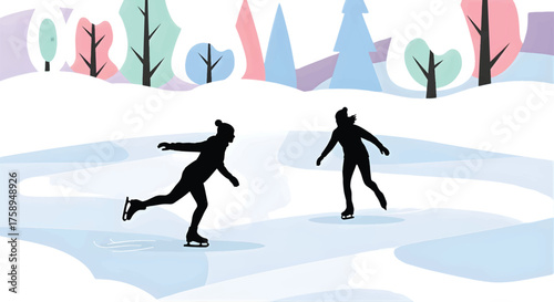 Two silhouetted individuals ice skating on a tranquil frozen pond, set against a charming stylized winter landscape with abstract colorful trees, depicting serene cold weather recreation