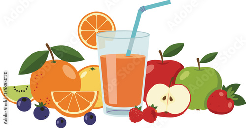 Colorful fruit and juice vector with orange slice garnish, apples, berries, kiwi, and citrus for healthy eating, nutrition, and beverage design content