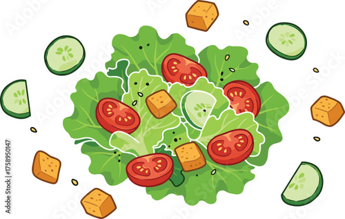 Colorful Cartoon Salad Vector with Lettuce, Tomato, Cucumber, Croutons, and Seeds, Fresh Healthy Food Illustration for Nutrition, Vegan, and Culinary Design Themes