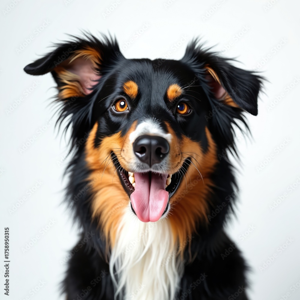Fototapeta premium Happy Australian Shepherd dog portrait on white background. Cute tricolor pet looking at camera, smiling. Domestic purebred mammal with open mouth, tongue out sits in studio. Obedient funny friendly