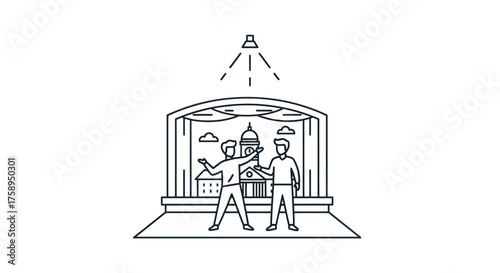 Two Men Performing on Stage with Backdrop Illustration.