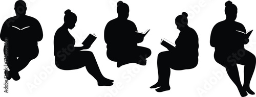 People reading books silhouette sequence cartoon illustration, symbolic learning and expressive gesture artwork for lifestyle and emotional design