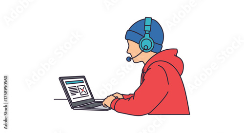 Person in Beanie and Hoodie with Headset and Laptop Providing Customer Support.