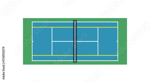 Top-down aerial view of a blue and green hard surface tennis court with a net.
