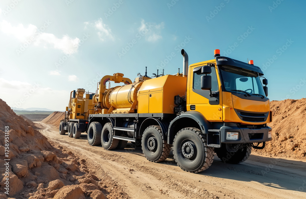 Obraz premium Large yellow truck with dewatering pump equipment on a dirt road at construction site. Heavy machinery for pumping water outdoors. Industrial vehicle with big wheels on sandy terrain.