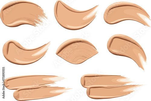 Foundation and Concealer Swatch Set Featuring Nine Brushstroke Samples in Beige Tones for Cosmetic Product Display, Texture Comparison, and Beauty Design Projects