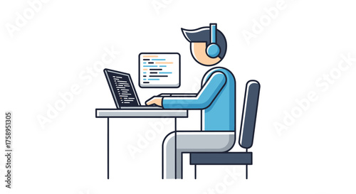 Stylized Male Programmer Coding on Laptop with Headphones at Desk.
